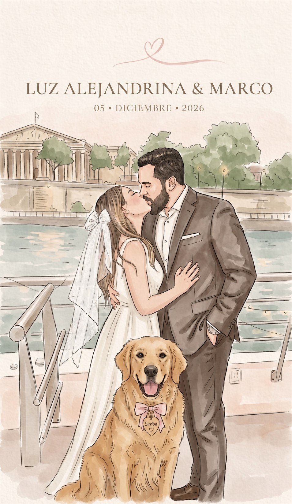 Acuarela de Luz Alejandrina y Marco vestidos de novios junto a Simba