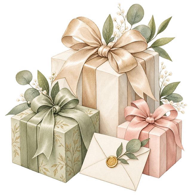 Ilustración en acuarela de regalos de boda